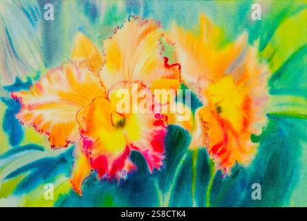 Abstraktes Aquarell Originalgemälde orange Farbe der Orchideenblume und grüner Blätter auf blauem Hintergrund Stockfoto