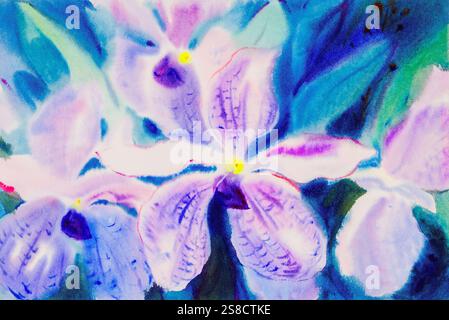 Aquarellblumenmalerei lila, rosa Farbe der Orchideenblumen und grüne Blätter des blauen Hintergrund, Original Aquarell gemalte Illustration. Stockfoto