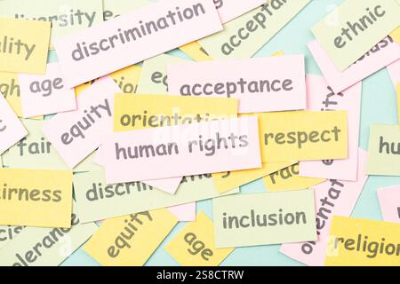 Menschenrechte, Gleichheit, Vielfalt, Gerechtigkeit und Hoffnung, gegenseitige Achtung, Toleranz und menschliche Beziehungen Stockfoto