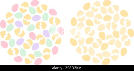 Zerrissene Eierschalen und Eier farbenfrohe und Golden Circular Hintergründe. Ester Gruß Design Ideenset 2. Isolierte Vektor-Illustration Thematische Karte, Faltblatt, Poster, Preisschild, Etikett oder Web-Werbebanner Stock Vektor