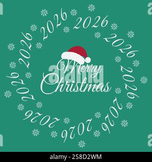 Merry Christmas-Schriftzug und Weihnachtsmannmütze auf Brief und 2026 mit Schneeflocken. Weihnachtsgrußidee. Isolierte Vektor-Illustration Grußkarte, Posting oder Web Promo Banner, Tag Holiday Design Konzept Stock Vektor