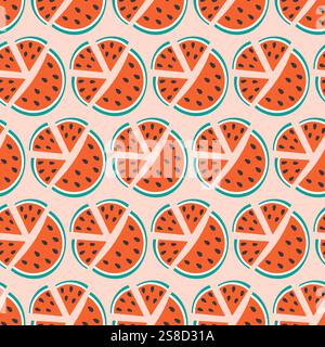 Wassermelonenscheiben mit Seed Seed Seamless Pattern Minimalism Doodle. Abstrakte Hintergrundstruktur für den Sommer. Isolierte Vektor-Illustration Hintergrundbild Thematische oder Menükarten, Posting oder Web Promo Banner, Faltblatt Stock Vektor