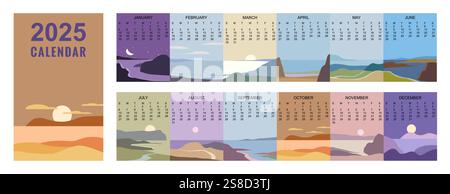 Monatlicher 2025 Kalender abstrakte Landschaft natürlicher Hintergrund Stock Vektor