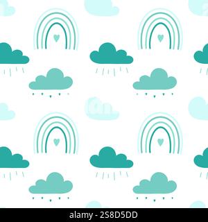 Sommerregen mit Wolken und Regentropfen, schlichtes Muster mit Wolken und Regenbogen mit Herzen. Netter gemütlicher Hintergrund in Blautönen auf weißem Hintergrund. Vec Stock Vektor