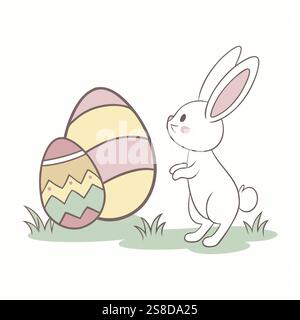Fröhliches Osterplakat mit Eiern und Häschen. Dekorierte Eier und Häschen in Pastellfarben, die frohe Ostern wünschen. Vektorabbildung Stock Vektor