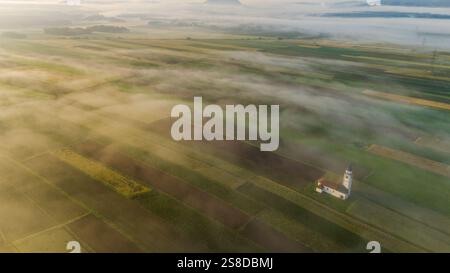 Nebliger Sonnenaufgang beleuchtet farbenfrohe Farmland in Slowenien Stockfoto