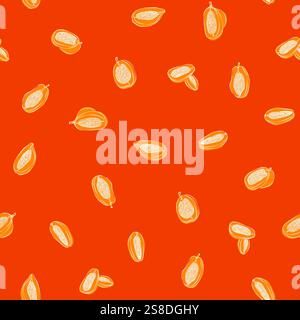 Nahtloses Papaya-Muster. Hintergrund: Orange. Lebensmitteldruck ideal zum Bedrucken von Stoffen, Geschenkpapier, Tapeten usw. Stock Vektor