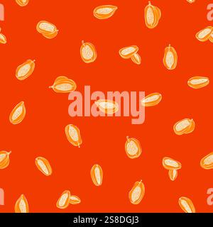 Nahtloses Papaya-Muster. Hintergrund: Orange. Lebensmitteldruck ideal zum Bedrucken von Stoffen, Geschenkpapier, Tapeten usw. Stock Vektor