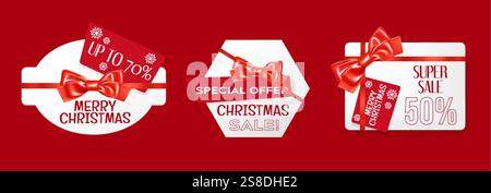 Weihnachtsmarkenkollektion – festliche weiße Etiketten mit roten Schleifen und Schneeflocken. Banner für Sonderangebote mit Rabattprozentsätzen, super Deals Stock Vektor