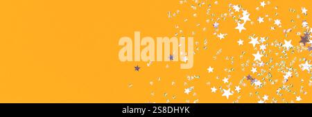 Banner mit silbernem Konfetti auf gelbem Hintergrund. Stockfoto