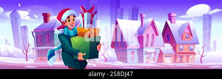 Cartoon Winter Weihnachten Stadt mit Mann mit Weihnachtsgeschenkboxen vor Vorstädten und Wolkenkratzern Silhouetten. Schneebedeckter Neigungswinkel Stock Vektor
