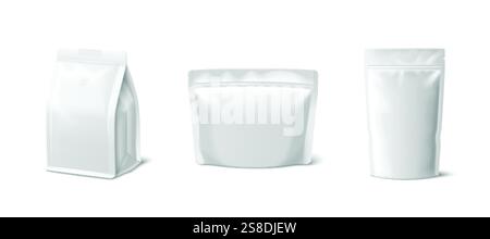 Weiße Papiertüten isoliert auf Hintergrund gesetzt. Vektor-realistische Illustration von 3D-Beutelmodellen mit Reißverschluss und leerer Oberfläche für Produktbranding, r Stock Vektor