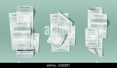 Rechnungsbelege in Papierform – verteilte Zahlungsbelege mit Preisen, Barcodes und Transaktionsdetails. Thermisch bedruckte Slips in Haufen - verschiedene r Stock Vektor