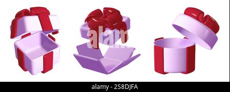 3D-Geschenkboxen auf weißem Hintergrund öffnen. Vektor-realistische Illustration von unverpackten aktuellen Modellen, lilafarbenen runden und quadratischen Paketen mit r Stock Vektor