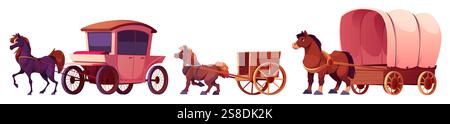 Historische Wagen- und Pferdekutschenset - Retro-brougham, hölzerner Güterwagen, überdachter Grenzverkehr. Braune Hengste ziehen auf Rädern Vintage Vehicle Stock Vektor