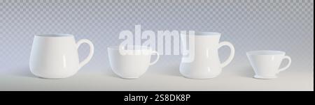 Mockup-Set aus Kaffeetassen in verschiedenen Formen – kugelförmige, konische, zylindrische und abgerundete Tassen aus glänzender weißer Keramik. Sauberes, minimalistisches Trinkgeschirr für B Stock Vektor