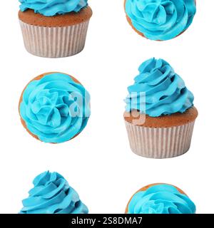 Muster von Cupcakes mit blauer Creme auf weißem Hintergrund Stockfoto