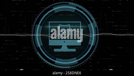 Bild des Schildsymbols und der Datenverarbeitung auf schwarzem Hintergrund Stockfoto