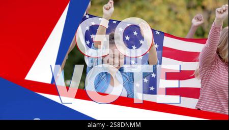 Bild: Go Vote Text über verschiedenen Freunden, die die Flagge der usa halten Stockfoto