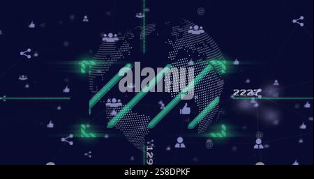 Bild von Symbolen für Scanner, Datenverarbeitung und Menschen auf der ganzen Welt und in Netzwerken Stockfoto