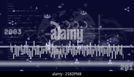 Bild von Symbolen für Scanner, Datenverarbeitung und Menschen auf der ganzen Welt und in Netzwerken Stockfoto