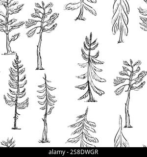 Ein nahtloses Muster mit umrissenen Skizzen von Fichten und Kiefern, ausgeführt in Schwarz- und Weißwald-Illustration Stock Vektor