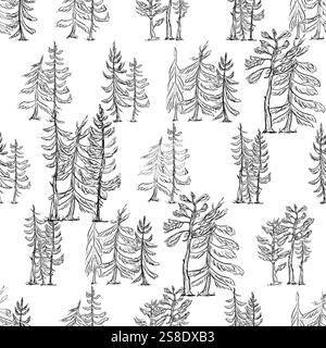 Ein nahtloses Muster mit umrissenen Fichten- und Kiefernbäumen, ausgeführt in Schwarz- und Weißwald-Illustration Stock Vektor