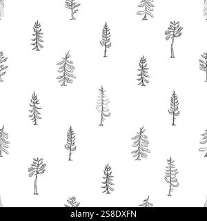 Ein nahtloses Muster mit Fichten- und Kiefernbäumen, ausgeführt in Schwarz- und Weißwald-Illustration Stock Vektor