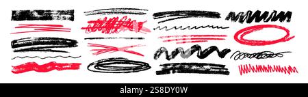 Handgezeichnete Holzkohlestruktur durchstreichen, Kreidestift unterstreichen, kritzeln oder Pinselstriche. Rote und schwarze Buntstifte heben Linien hervor, Flecken isoliert auf weißem Hintergrund. Kritzeln Sie Freihandelemente Stock Vektor