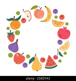 Niedlicher, runder Rahmen mit Früchten und Beeren im Doodle-Stil. Vektorabbildung. Früchte Symbole Kreisförmige Vorlage, Kopierraum. Stock Vektor