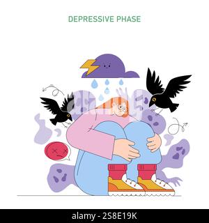 Weltbipolartag-Konzept. Illustration eines Individuums in einer depressiven Phase, umgeben von stürmischen Bildern und Krähen. Bewusstsein für psychische Herausforderungen. Vektorabbildung. Stock Vektor