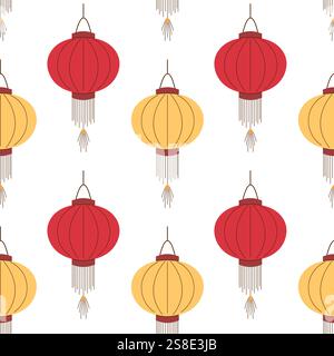 Nahtloses Muster aus roter und gelber chinesischer Laterne auf weißem Hintergrund, ideal für festliche, kulturelle oder dekorative Designprojekte in flachem Stil. Stock Vektor
