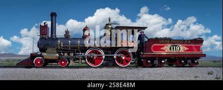 Den Motor auf eine Eisenbahn, Lok 119, Golden Spike National Historic Site, Utah, USA Stockfoto