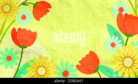 Leuchtende Blumen blühen in einer fröhlichen Illustration, die verschiedene Farben und Arten zeigt. Der Hintergrund ist in warmen Farbtönen gehalten, die an das Wesen des Sprins erinnern Stockfoto