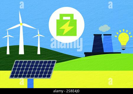 Diese Illustration zeigt einen Erneuerbare-Energien-Bauernhof mit Windturbinen, Solarpaneelen und einem Kraftwerk, das umweltfreundliche Technologie und Susta symbolisiert Stockfoto