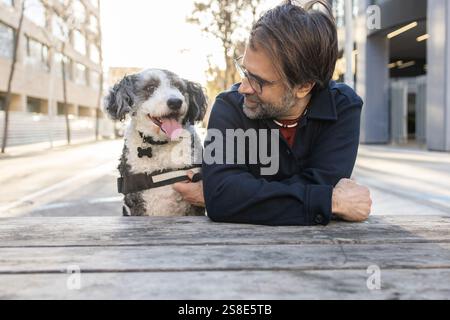 Ein Mann mit Bart schaut liebevoll seinen schwarz-weißen Hund an, während er auf einer Bank in einer städtischen Umgebung sitzt. Beide genießen einen sonnigen Tag, wi Stockfoto