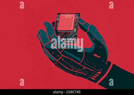 Illustration einer Roboterhand, die einen Schaltungschips vor rotem Hintergrund hält und Innovation und Technologie in der künstlichen Intelligenz symbolisiert Stockfoto