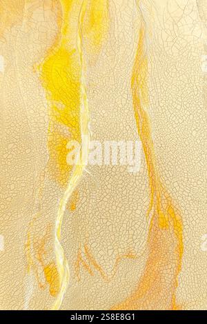 Eine detaillierte Ansicht einer zerrissenen goldenen Schlammoberfläche mit fließenden gelben Linien und komplizierten Mustern, ideal für künstlerische und strukturelle Hintergründe. Stockfoto