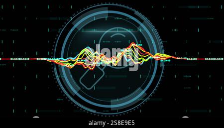 Bild des Lupensymbols und der Datenverarbeitung auf schwarzem Hintergrund Stockfoto