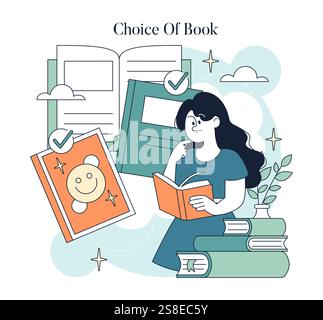Illustration zum Weltbuchtag. Eine junge Frau denkt über ihre Auswahl an Büchern nach, umgeben von offenen Büchern und ausgewählten Titeln. Die reizvollen Ausdrucksformen spiegeln Begeisterung und den Wert des Lesens wider. Vektorabbildung. Stock Vektor