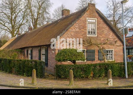 Charmantes traditionelles Arbeiterhaus mit Strohdach in Laren, Niederlande, mit Backsteinarchitektur, Hecken, Stockfoto