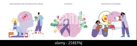Der Internationale Tag der Epilepsie veranschaulicht drei Schlüsselaspekte des Bewusstseins, der Behandlung und der Aufklärung über Epilepsie. Es hebt Fortschritte bei Antiepileptika hervor, die mitfühlende Betreuung von Personen, die mit Epilepsie leben, und die gezielte Unterstützung von Kindern, bei denen die Krankheit diagnostiziert wurde. Diese Serie zielt darauf ab, das Verständnis und die Resilienz in der Gemeinschaft zu fördern. Vektorabbildung. Stock Vektor