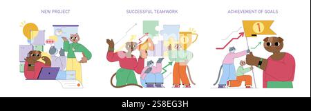 Geschäftserfolg durch kollaborative Projekte. Die Serie beleuchtet die Phasen von der Projektinitiierung bis hin zu Teamarbeit und Zielerreichung. Jeder Schritt veranschaulicht die Bedeutung der Zusammenarbeit für effektive Ergebnisse. Vektorabbildung. Stock Vektor