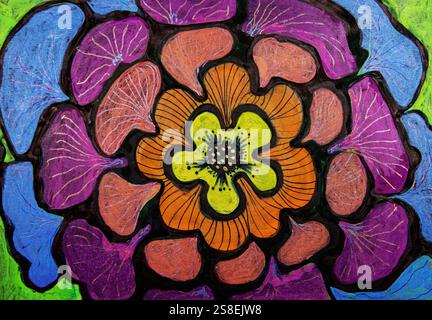 Abstaktblume mit Blüten in Neonfarben auf schwarzem Hintergrund. Die Dabbing-Technik in der Nähe der Kanten sorgt aufgrund der veränderten Oberfläche für einen weichen Fokus Stockfoto