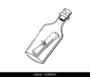Flasche mit aufgerolltem Schriftzug innen, im Vintage-Stil gezeichnet. Ideal für nautische Themen oder visuelle Darstellungen zum Erzählen von Geschichten. Vektorabbildung. Stock Vektor