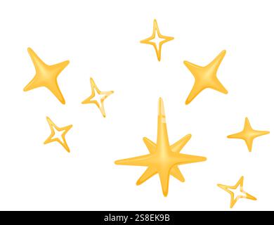 Sammlung von goldenen Sternen und funkelnden Glitzern in verschiedenen Formen. Ideal für festliche Designs, magische Themen oder dekorative Grafiken. Vektorabbildung. Stock Vektor