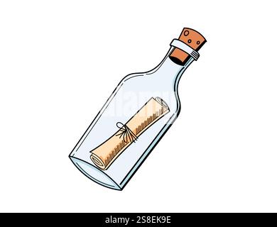 Flasche mit einer aufgerollten Nachricht innen, gezeichnet im Vintage-Skizzenstil. Ideal für nautische Themen oder visuelle Darstellungen zum Erzählen von Geschichten. Vektorabbildung. Stock Vektor