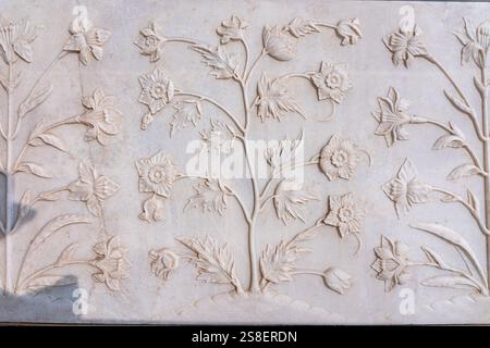 Indien. Bundesstaat Uttar Pradesh. Agra. Taj Mahal. Mausoleum aus weißem Marmor, erbaut vom muslimischen Mogul-Kaiser Shah Jahan zum Gedenken an seine Frau Mumtaz Mahal. Stockfoto