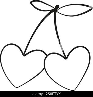 Herzförmige Kirschen im Doodle-Stil. Handgezeichnetes schwarzes und weißes isoliertes Logo. Kirschen Strichkunst. Designelement für das Tattoo des Posters mit Webgrafik. Malseitenkunst-Therapie. Vektorabbildung Stock Vektor