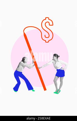 Zwei Geschäftsfrauen drücken symbolisch roten Finanzwachstumspfeil mit Dollarzeichen. Wettbewerb und Teamarbeit. Konzeptuelle Kunstcollage. Stockfoto